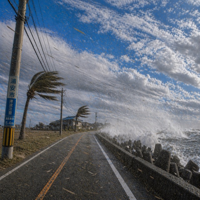 新浦安の海沿いの街で、海からの非常に強い風によりヤシの木が大きくしなり